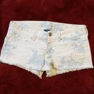 Blue Floral + White Denim Shorts
